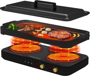 COOKTRON Portable Induction Cooktop 2 Burner with Cast Iron Griddle