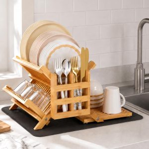Greenual Bamboo Dish Rack With Drying Mat