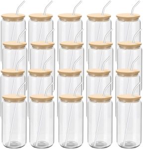 YOUKE OLA 20 Pack Glass Cups with Bamboo Lids and Glass Straw